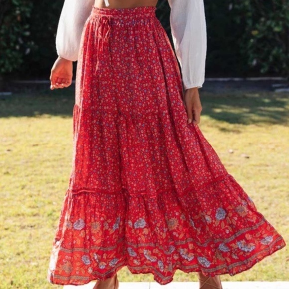 033 Boho Red Floral Print Ruffle Hem Maxi Skirt - Picture 3 of 14